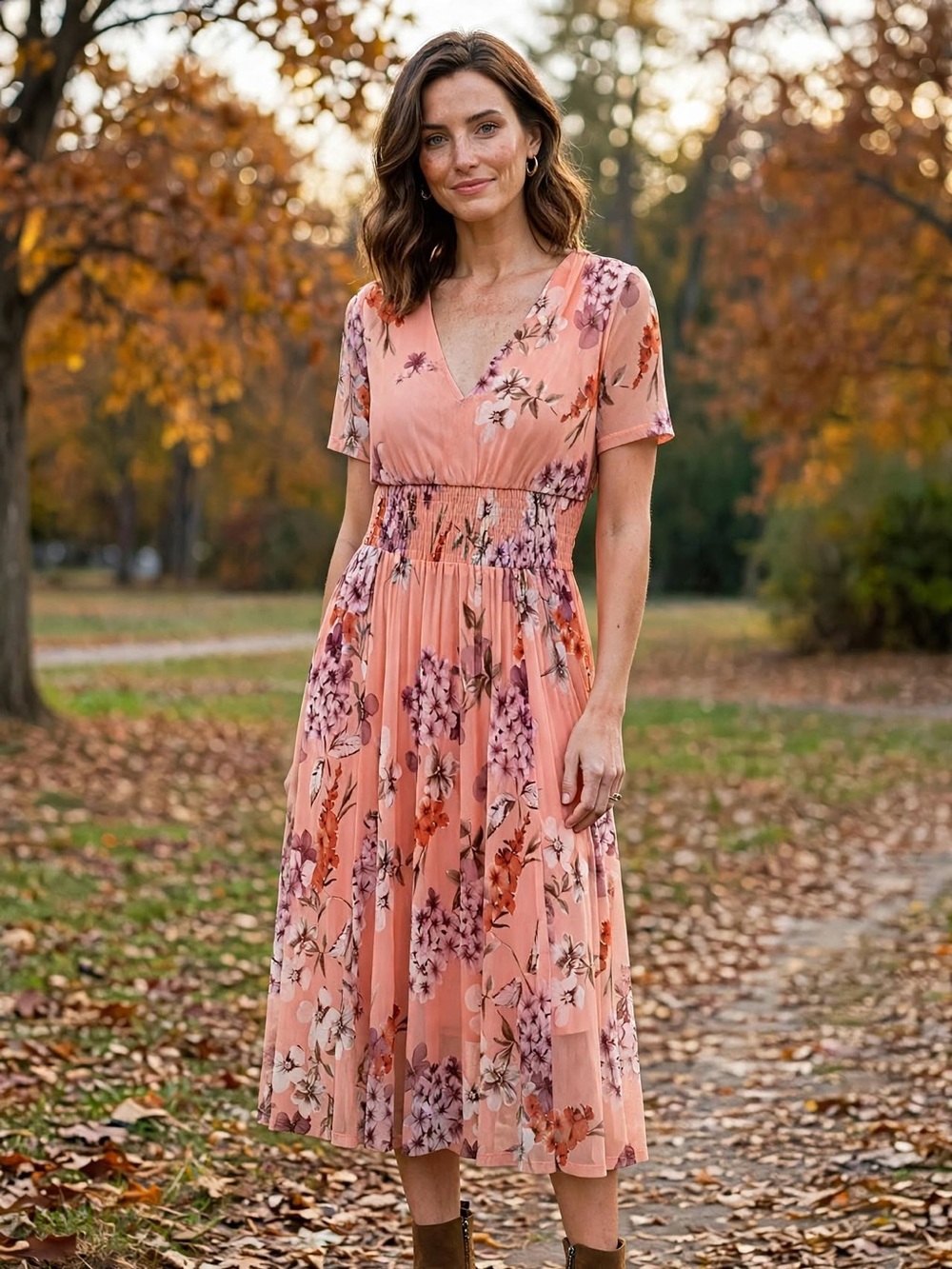 Smocked Waist Floral Midi Dress in Peach Pink by Unknown
